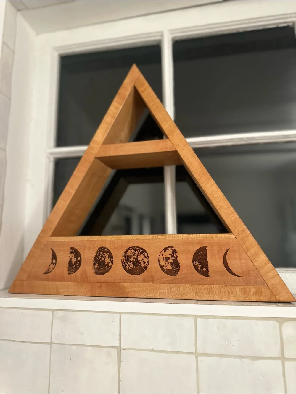 Wooden Triangle Wall Shelf with Moon Phase Design